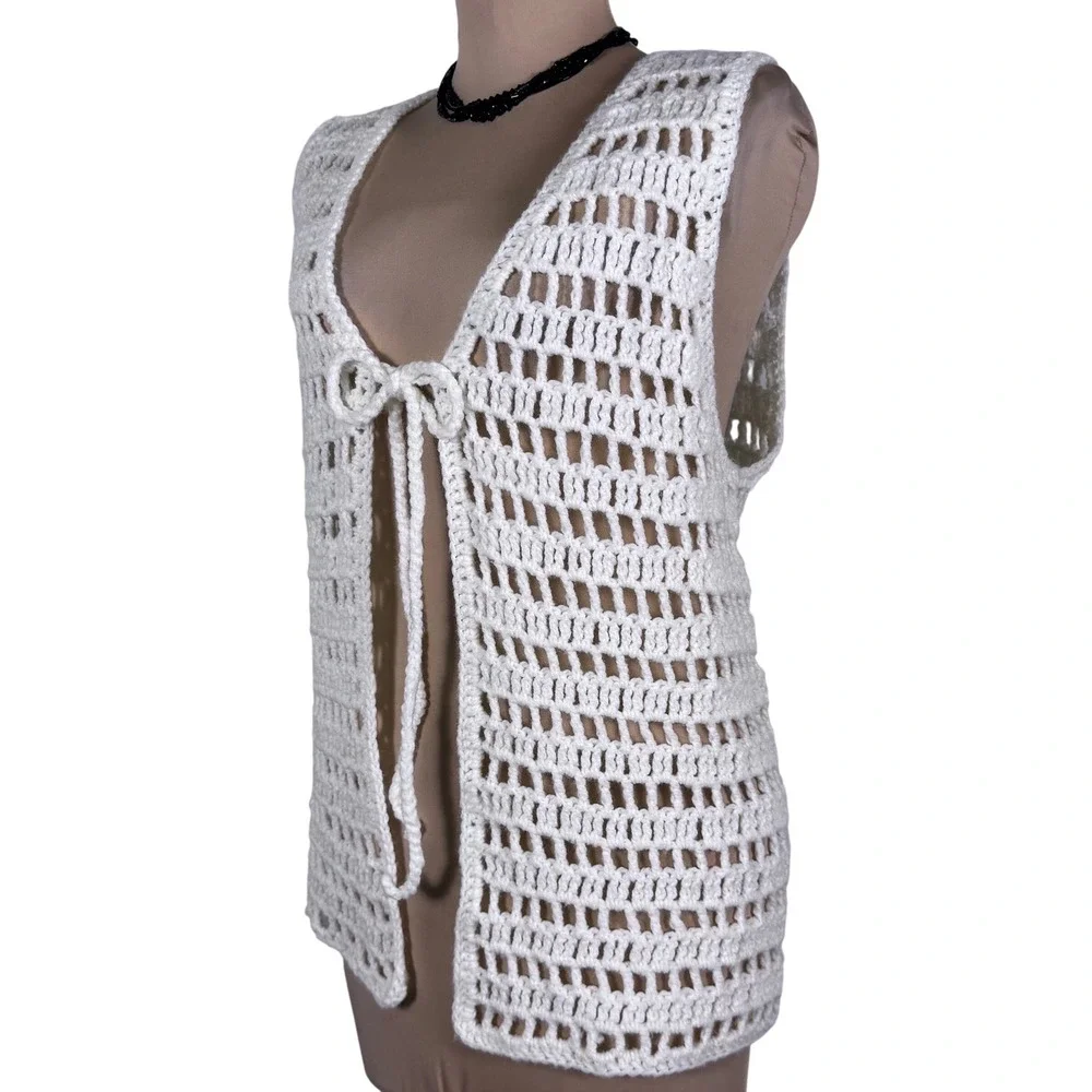 Vintage Hand Crocheted Cream Vest Tie Front Boho Regencycore Hippie‎ Open Knit - Picture 3 of 7